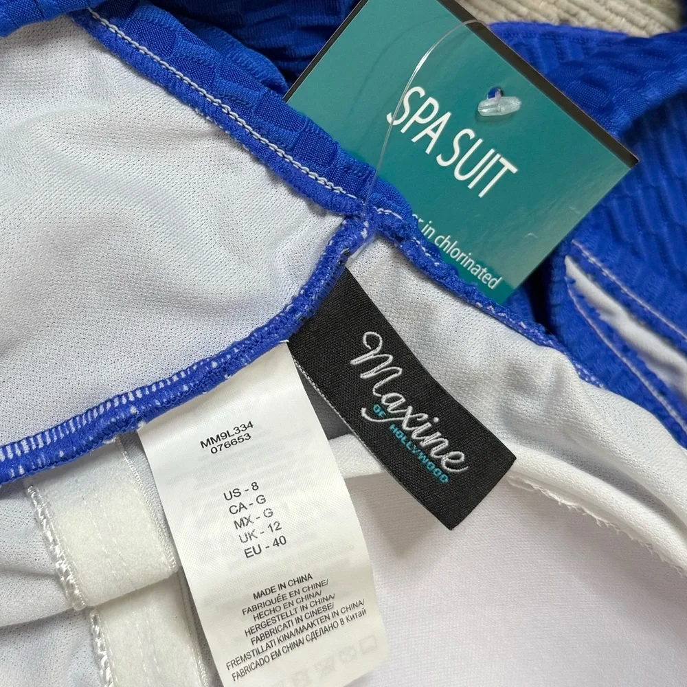 Maxine of Hollywood Swimsuit One Piece Spa Suit Sarong Front Cobalt 8 New